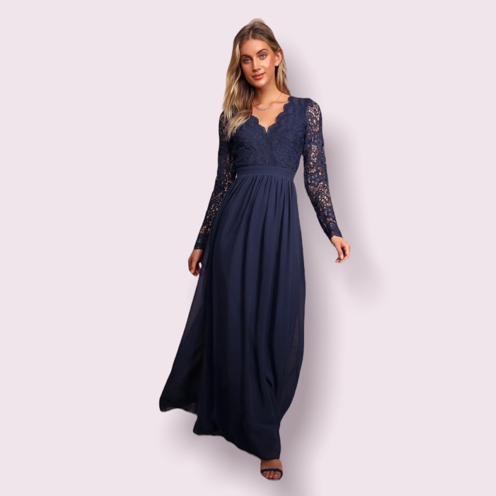 Lulu’s Awaken My Love Navy Blue Long Sleeve Lace Maxi Dress